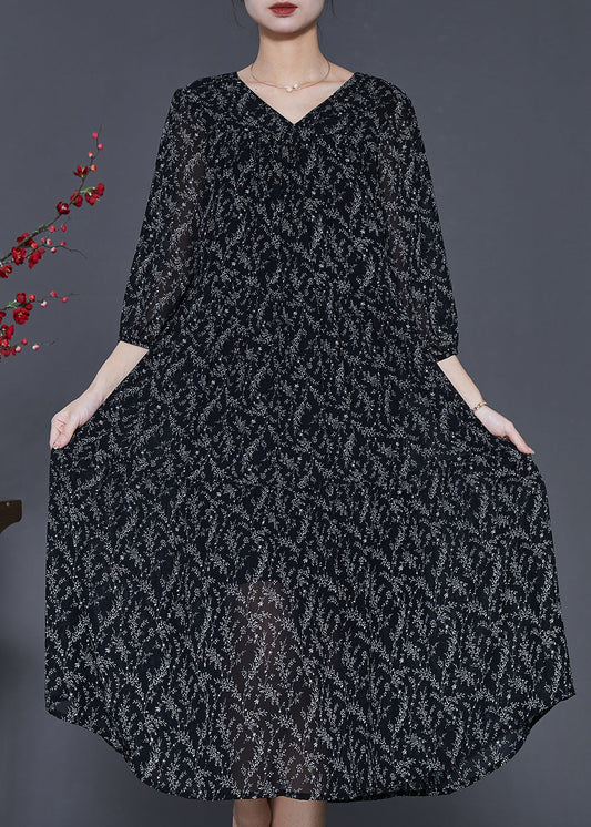 Black Oversized Print Chiffon Dress Half Sleeve