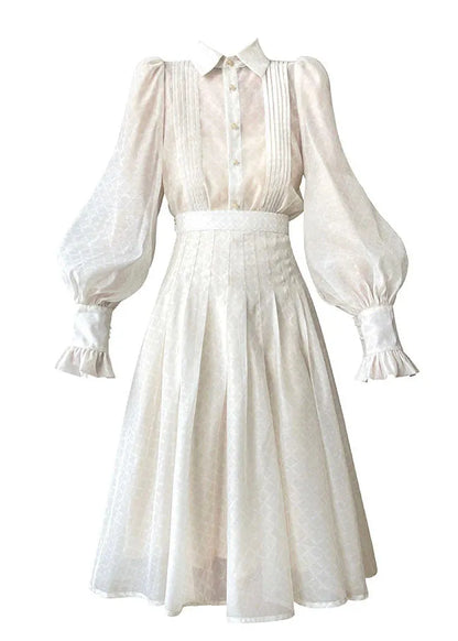 Boutique White Peter Pan Collar Wrinkled Silk Shirts and Skirts Two Pieces Set Lantern Sleeve
