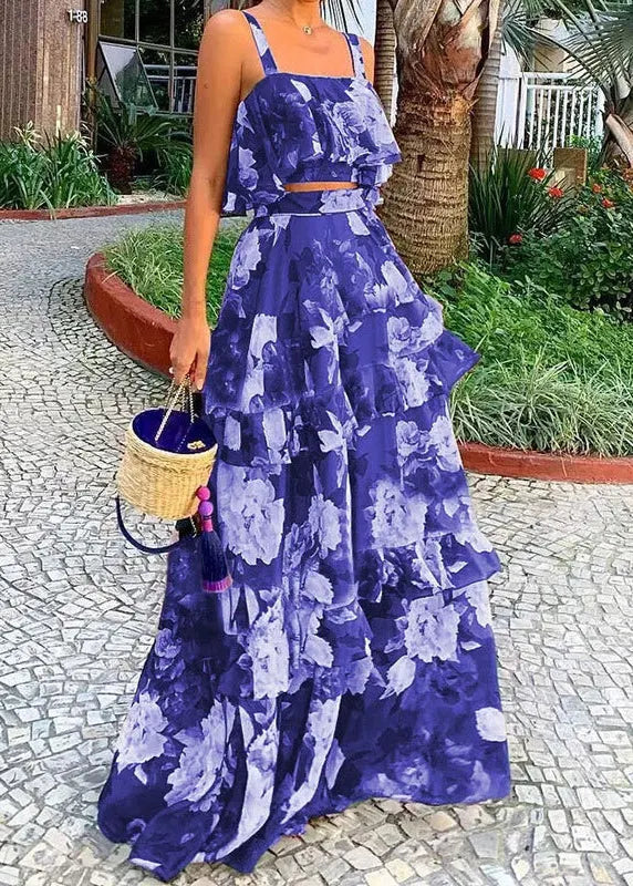 New Photo Color Print Tank and Skirts Two Pieces Set Sleeveless Summer