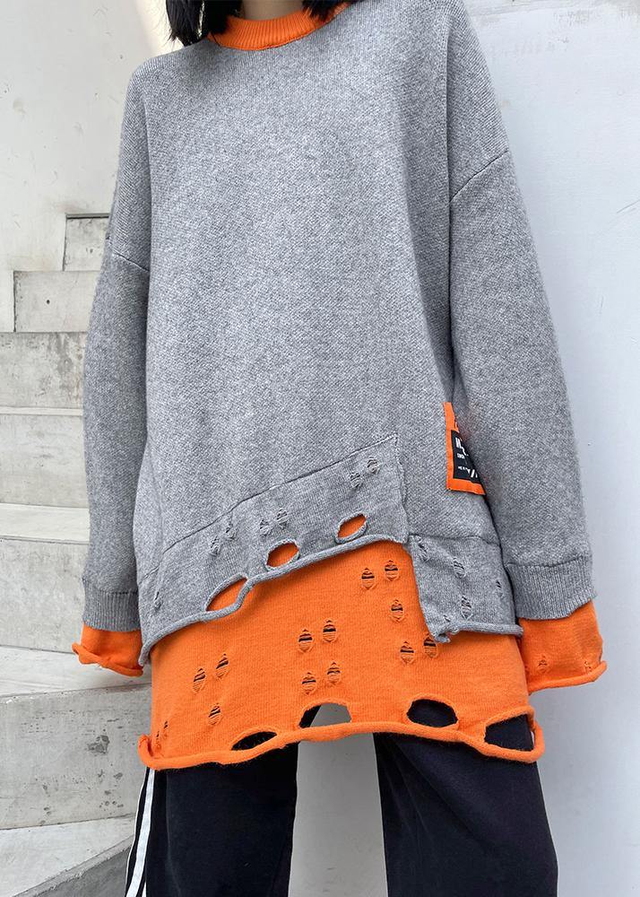 For Spring Gray Sweater Tops O Neck Hole Knitted Blouse