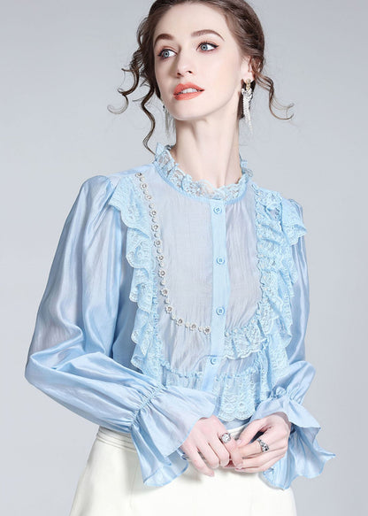 Light Blue Lace Ruffled Nail Bead Patchwork Silk Shirt Spring
