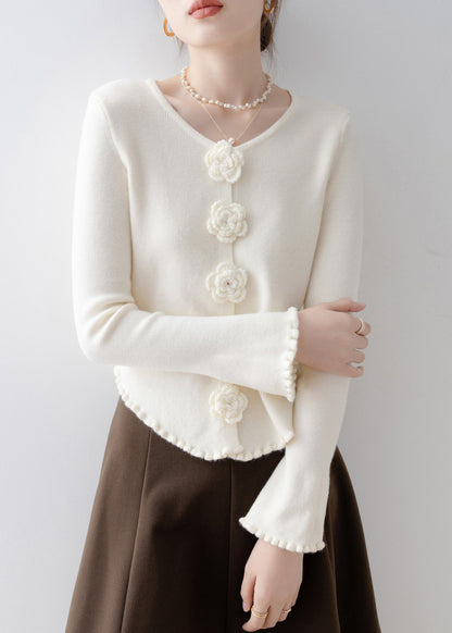 French Apricot Ruffled Knit Sweaters Flare Sleeve