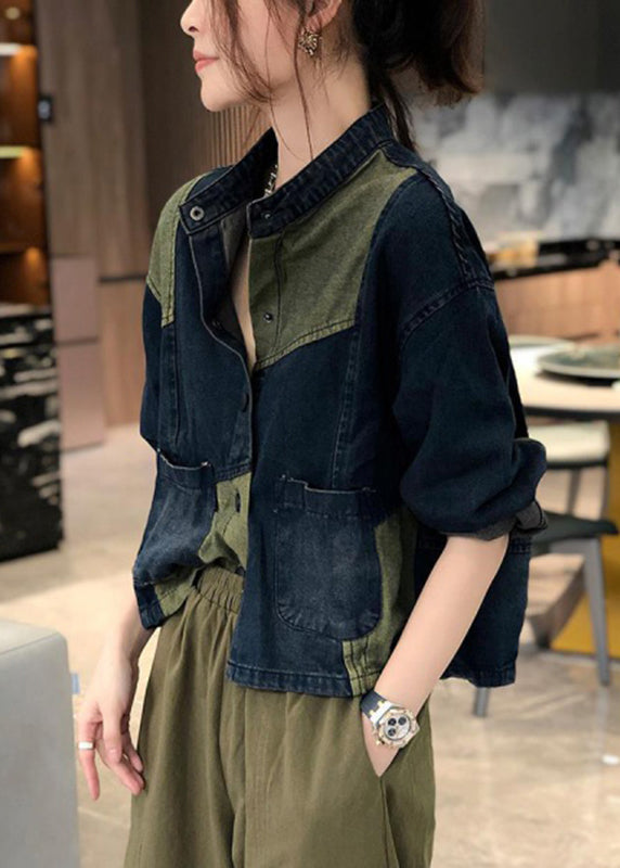 Stand Collar Pockets Patchwork Denim Coats Fall