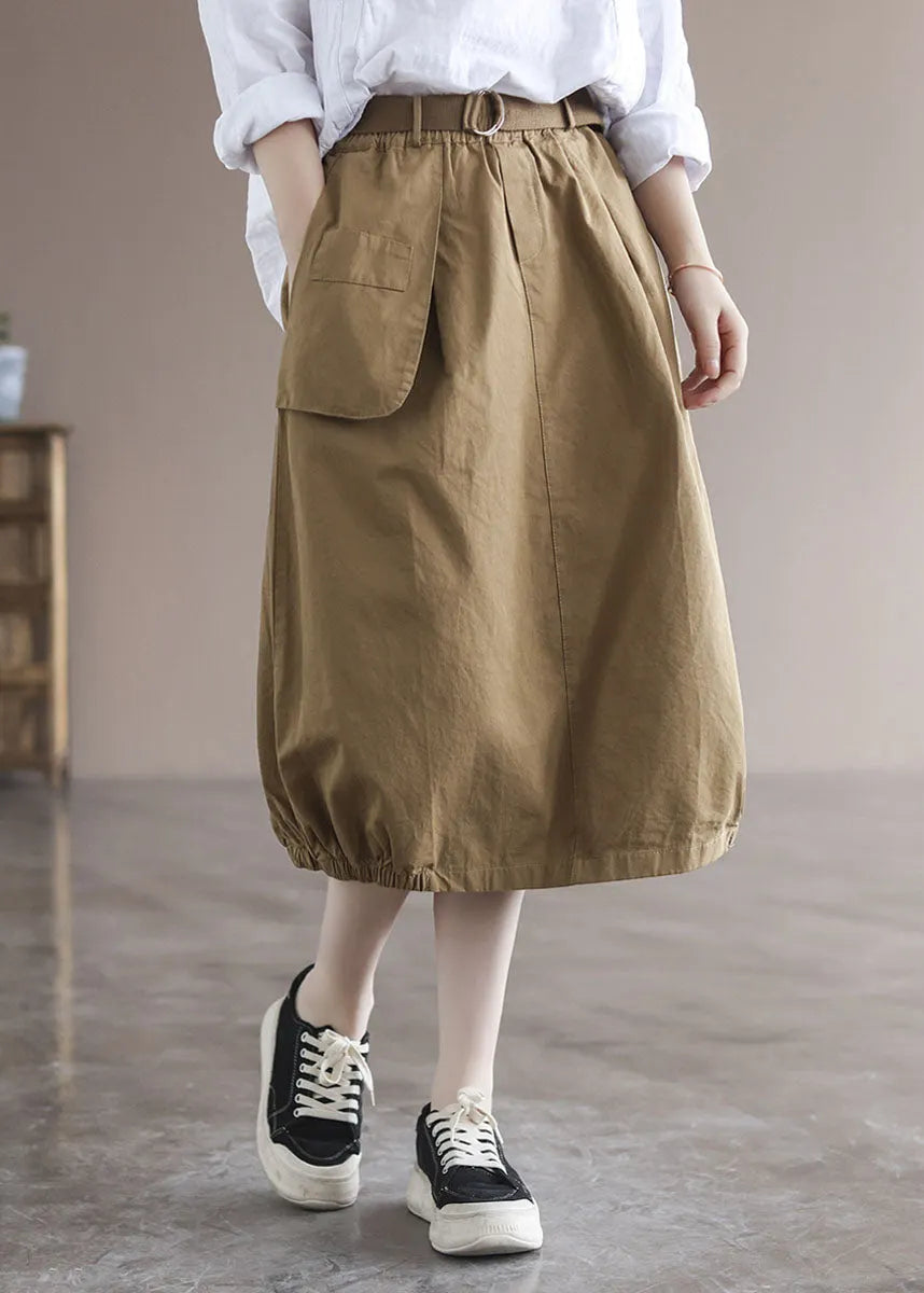 Khaki Elastic Waist Asymmetrical Pockets Cotton Skirts Summer