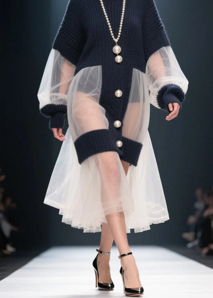 French O Neck Tulle Patchwork Knitted Dress Winter