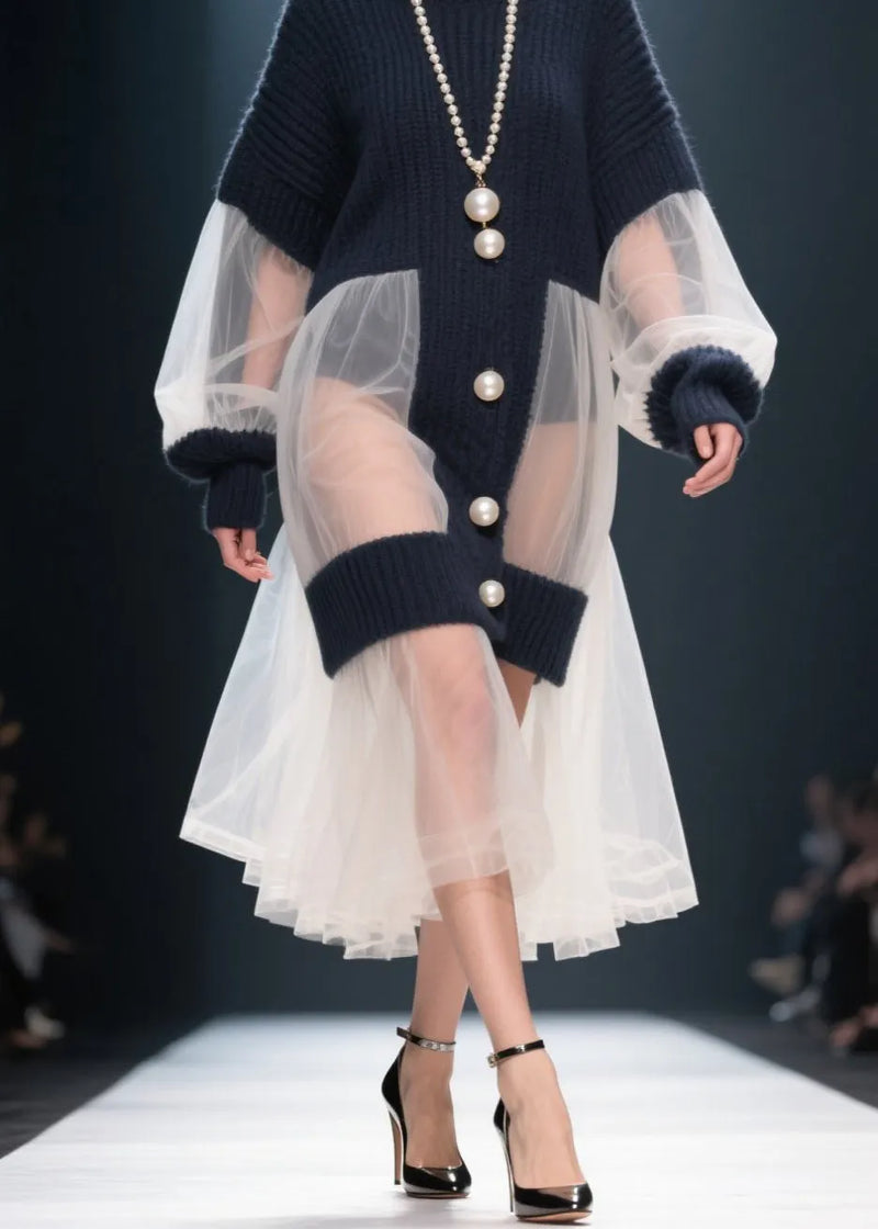 French O Neck Tulle Patchwork Knitted Dress Winter