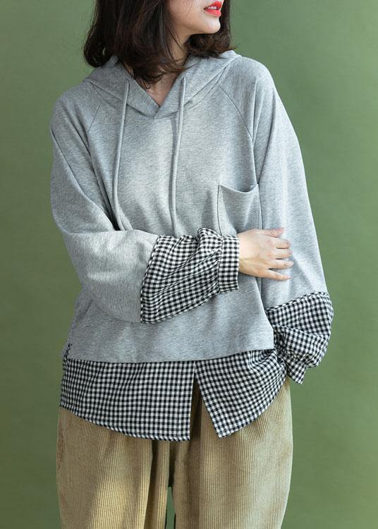 Grey Patchwork Plaid Hooded Fall Loose Loose Sweatshirt