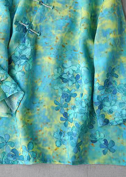 Chinese Style Green Print Linen Top Three Quarter Sleeve