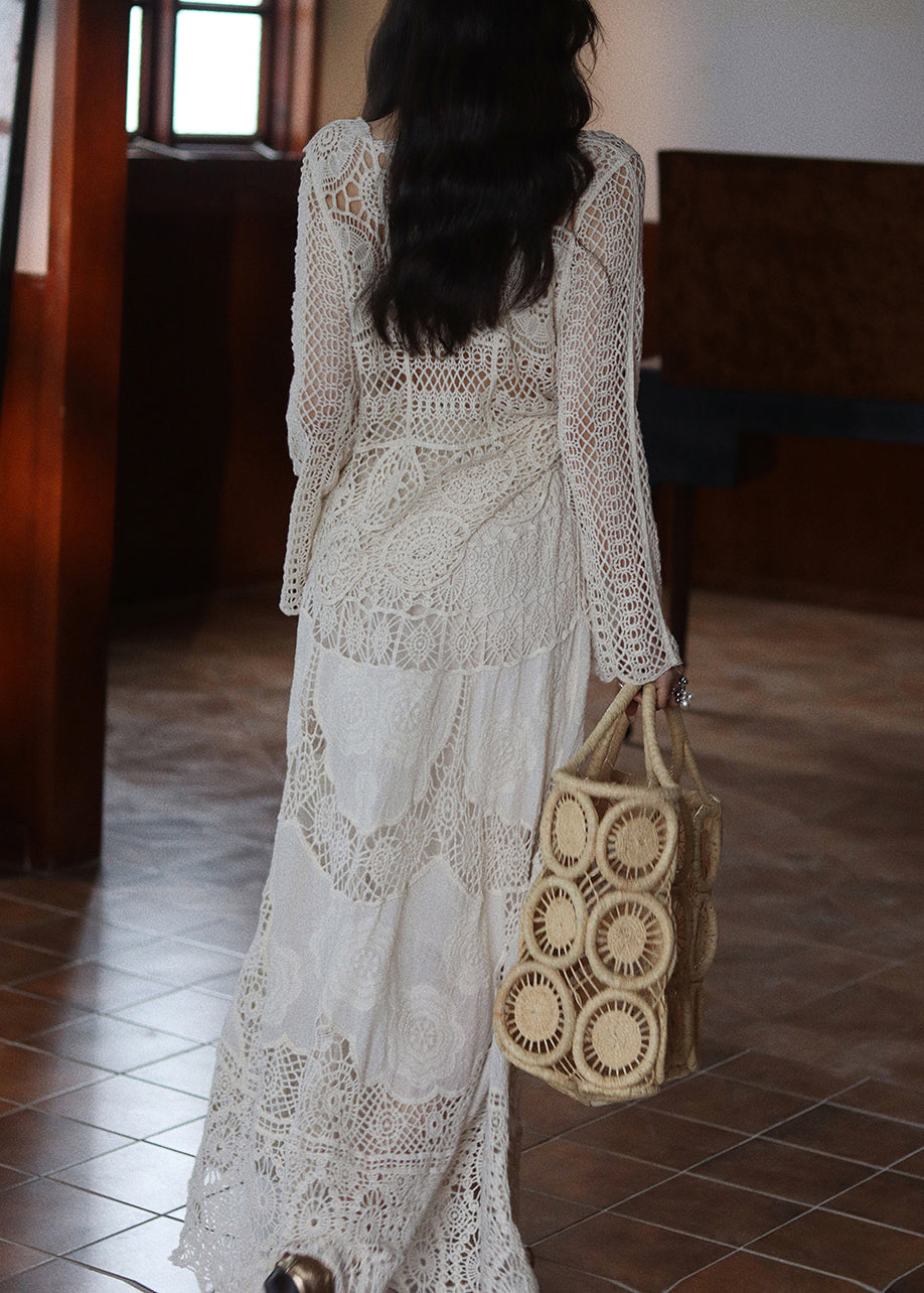 Art Beige Hollow Out Tops and Skirts Lace Two Piece Set Fall