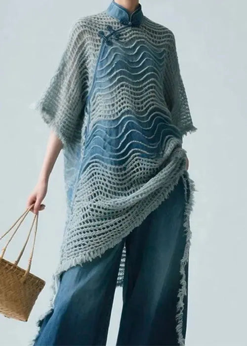 Art Blue Stand Collar Hollow Out Knit Shirt Half Sleeve