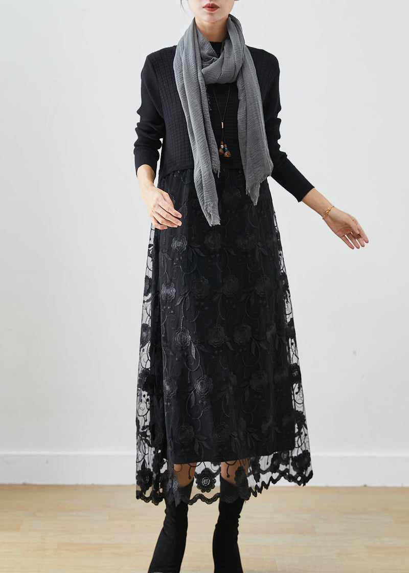 Black Patchwork Tulle Knit Holiday Dress Embroideried Fall