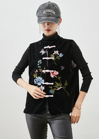 Black Embroideried Chinese Button Silk Velour Vest Fall