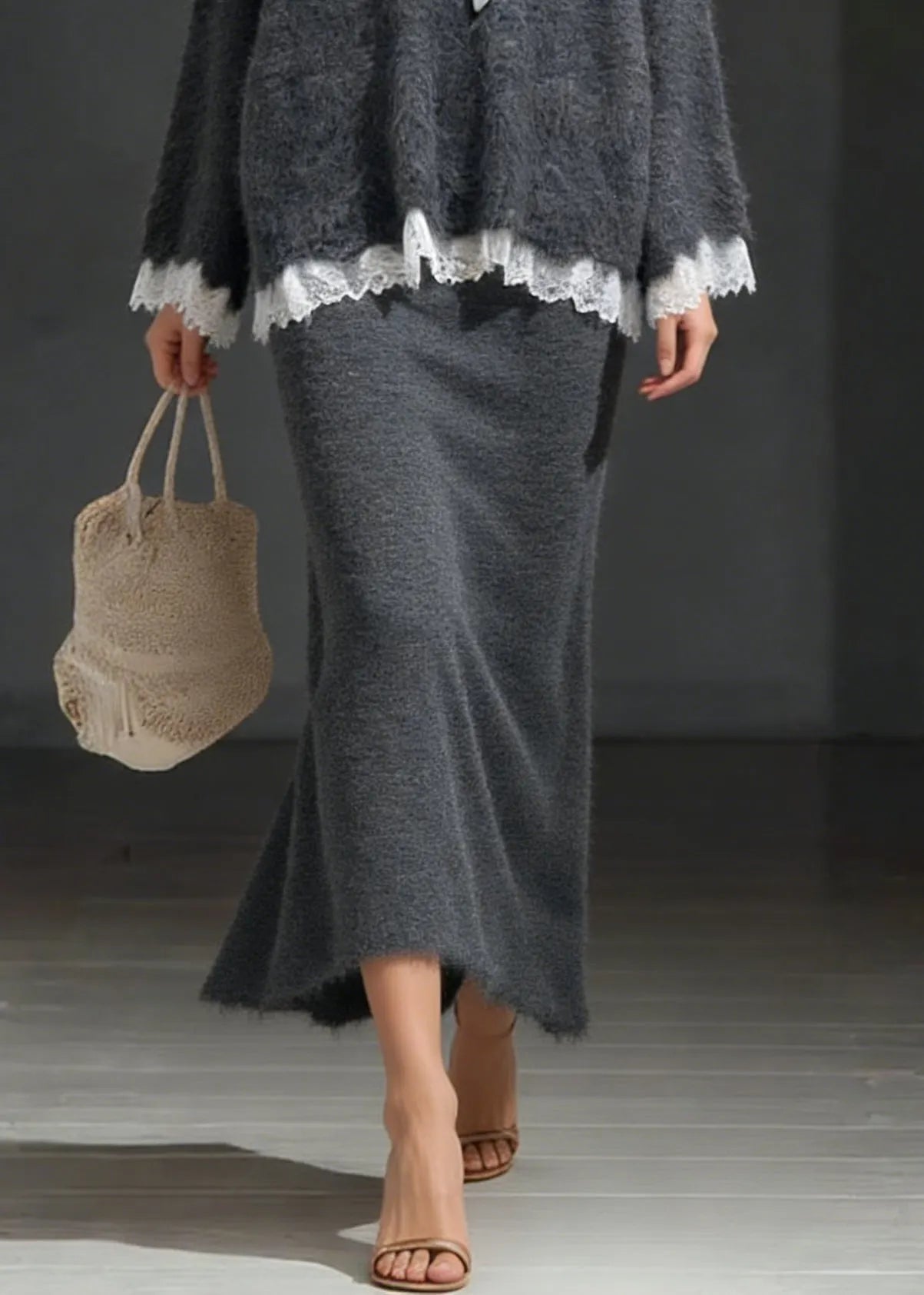 Dark Gray Sweater and Skirt Lace Patchwork Knit Two Piece Set Lace Up