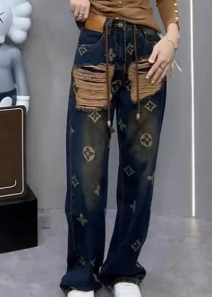 New Ripped Printed Denim Straight Leg Pants for Spring