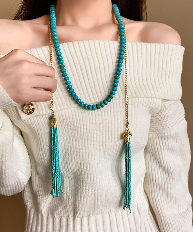 Gold Alloy Turquoise Beading Tassel Gratuated Bead Necklace