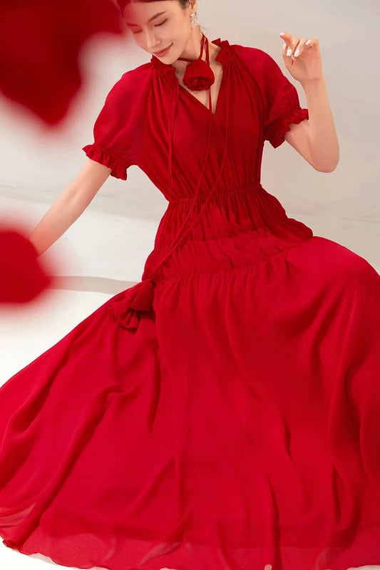 Red Ruffled Elastic Waist Chiffon Long Dresses Summer
