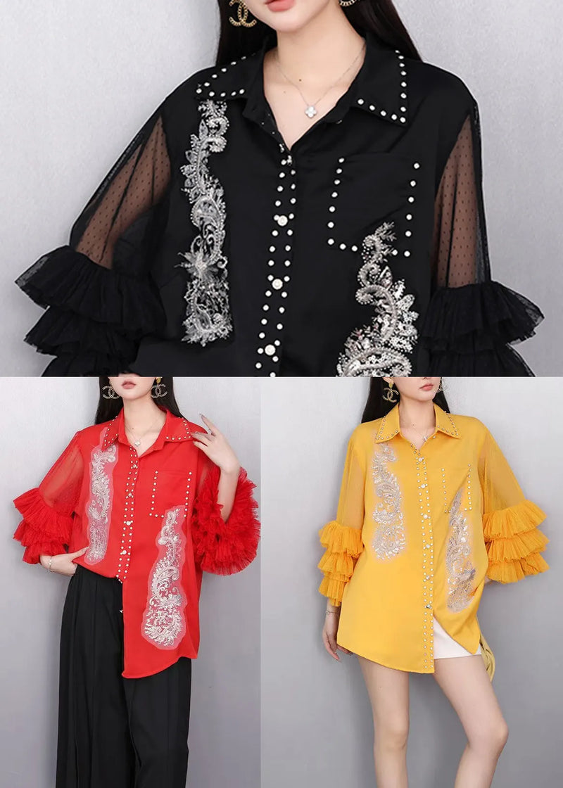 Yellow Draping Chiffon Blouses Embroidered Bracelet Sleeve