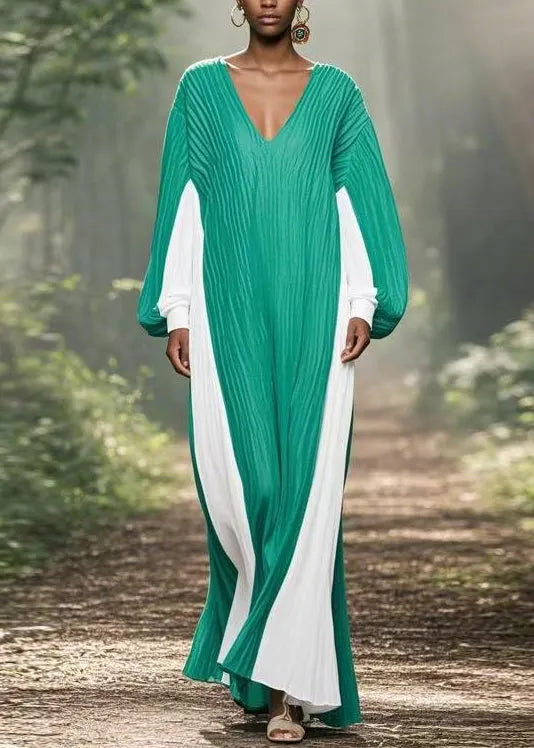 Colorblock V Neck Wrinkled Chiffon Long Dresses Spring