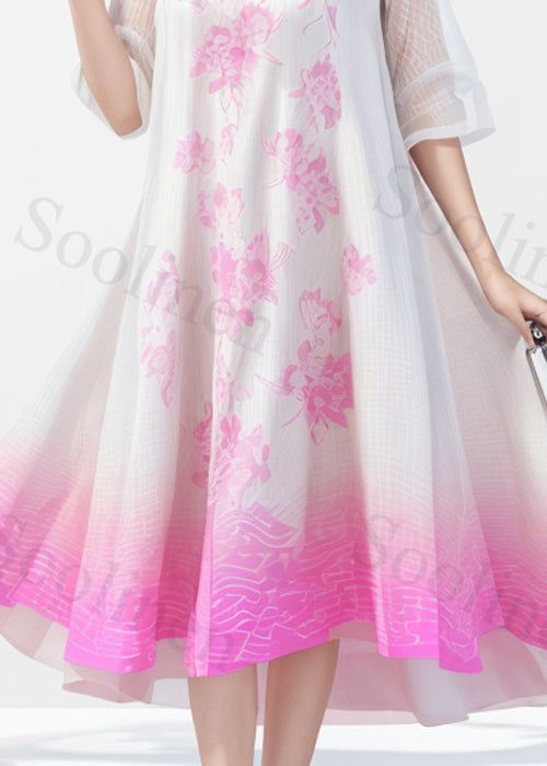 Loose Pink O-neck Print Silk Long Dress Summer
