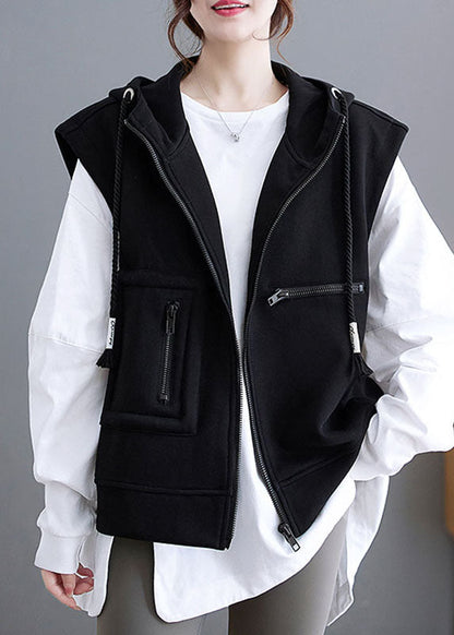 Black Patchwork Pockets Hoodie Waistcoat Fall