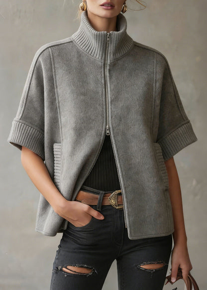 Grey Zip Up Patchwork Woolen Coats Short Sleeve
