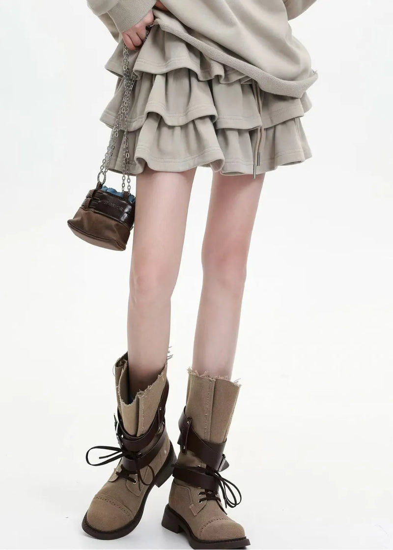 Apricot Loose Cotton Two Pieces Set Layered Ruffled Spring