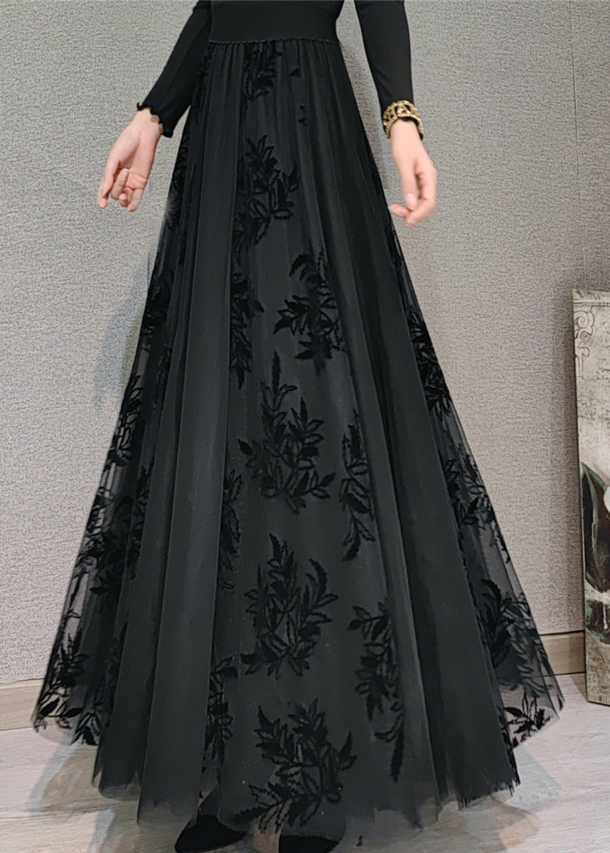 Black High Waist Draping Tulle Maxi Skirt Spring