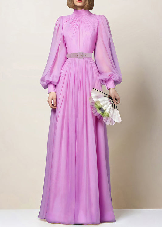 Pink Zippered Wrinkled Chiffon Maxi Dresses Fall