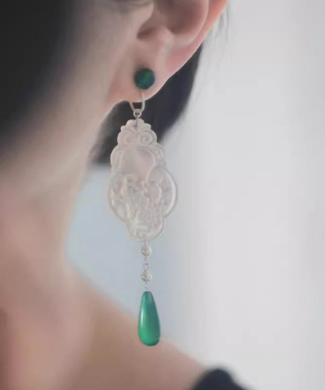 Green Copper Jade Flowers and Birds Water Droplet Drop Earrings