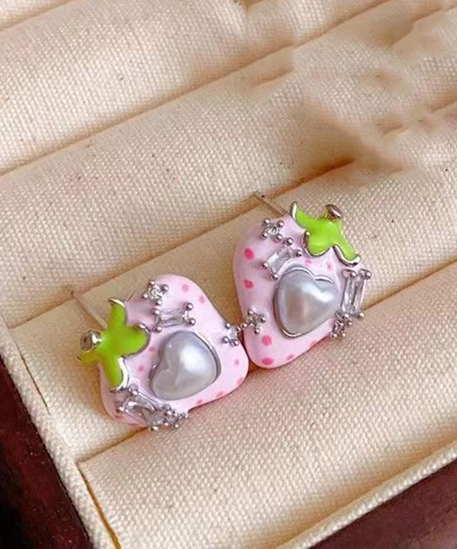 Pink Copper Zircon Pearl Strawberry Love Stud Earrings