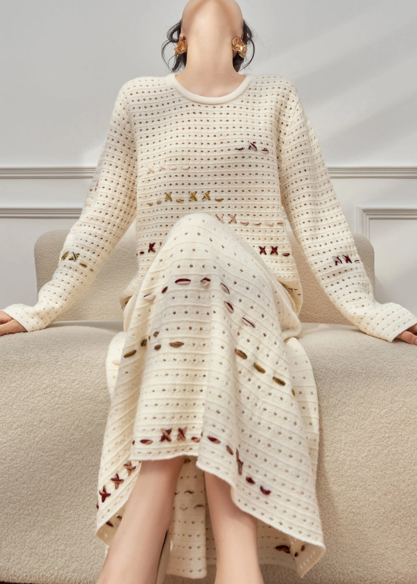 French Beige Hollow Out Sweaters and Skirts Knit Two Pieces Set Fall