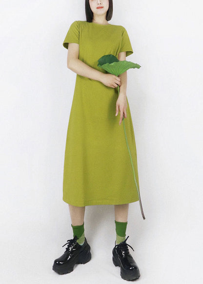 French Green O-neck Oversized Color Cotton Maxi Dress Half Sleeve
