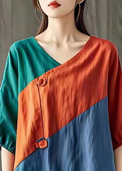 Orange V Neck Patchwork Cotton T Shirts Half Sleeve