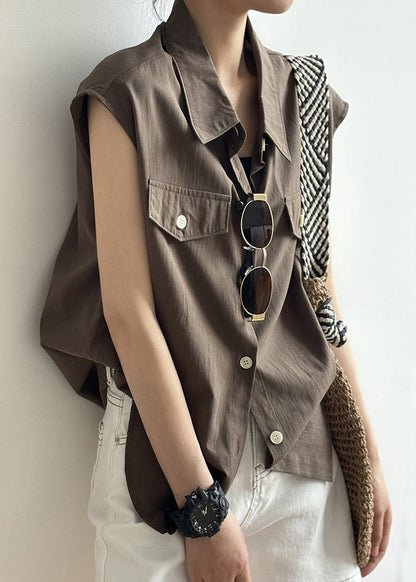 Coffee Peter Pan Collar Button Cotton Shirt Tops Summer