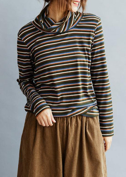 Diy High Neck Cotton Spring Blouses for Shirts Striped Tops
