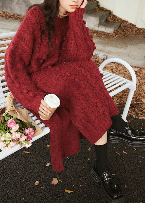 Natural Purplish Red O-neck Cable Cotton Knit Sweater Maxi Dress Long Sleeve