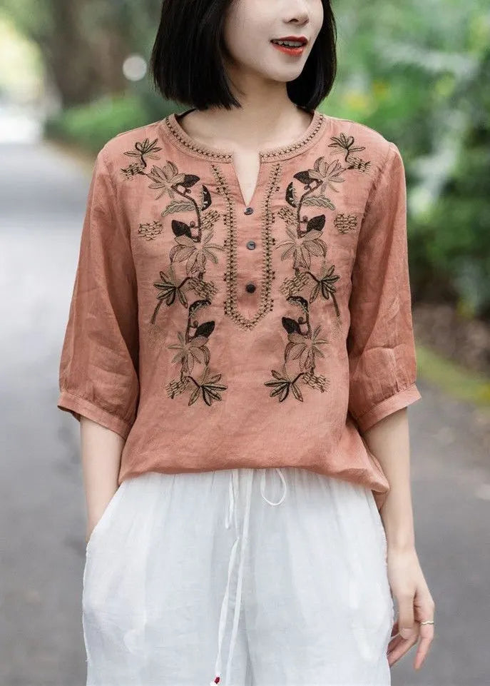 Pink Embroideried Button Cotton T Shirt Summer