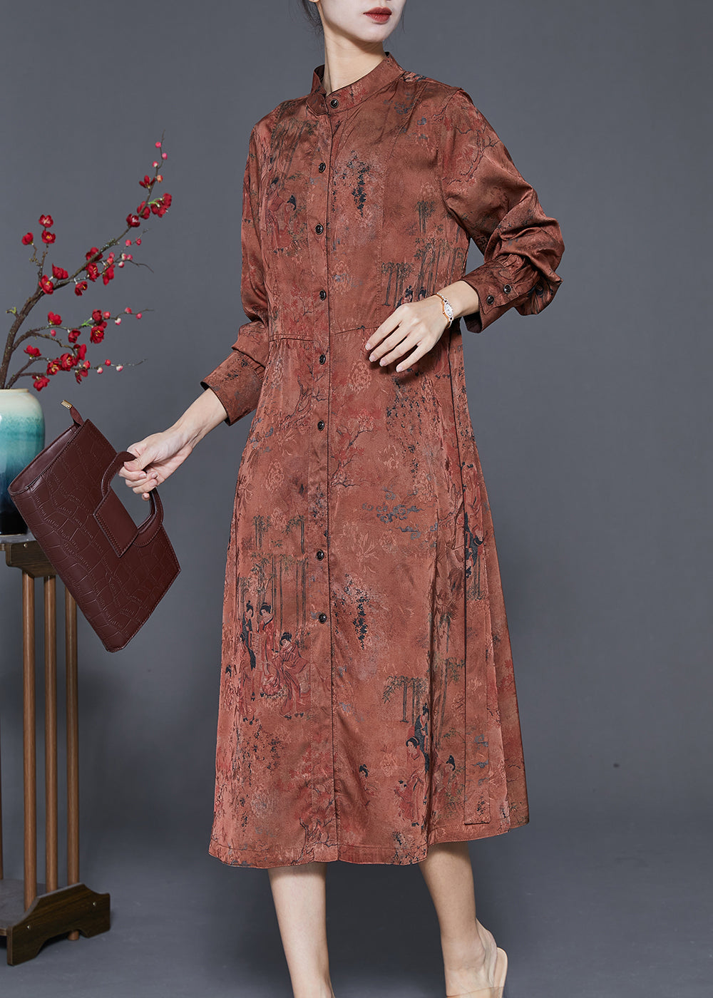 Coffee Stand Collar Print Tie Waist Silk Holiday Dress Spring