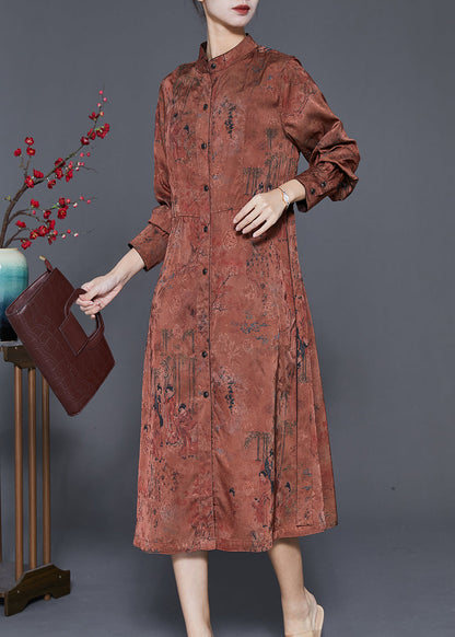 Coffee Stand Collar Print Tie Waist Silk Holiday Dress Spring