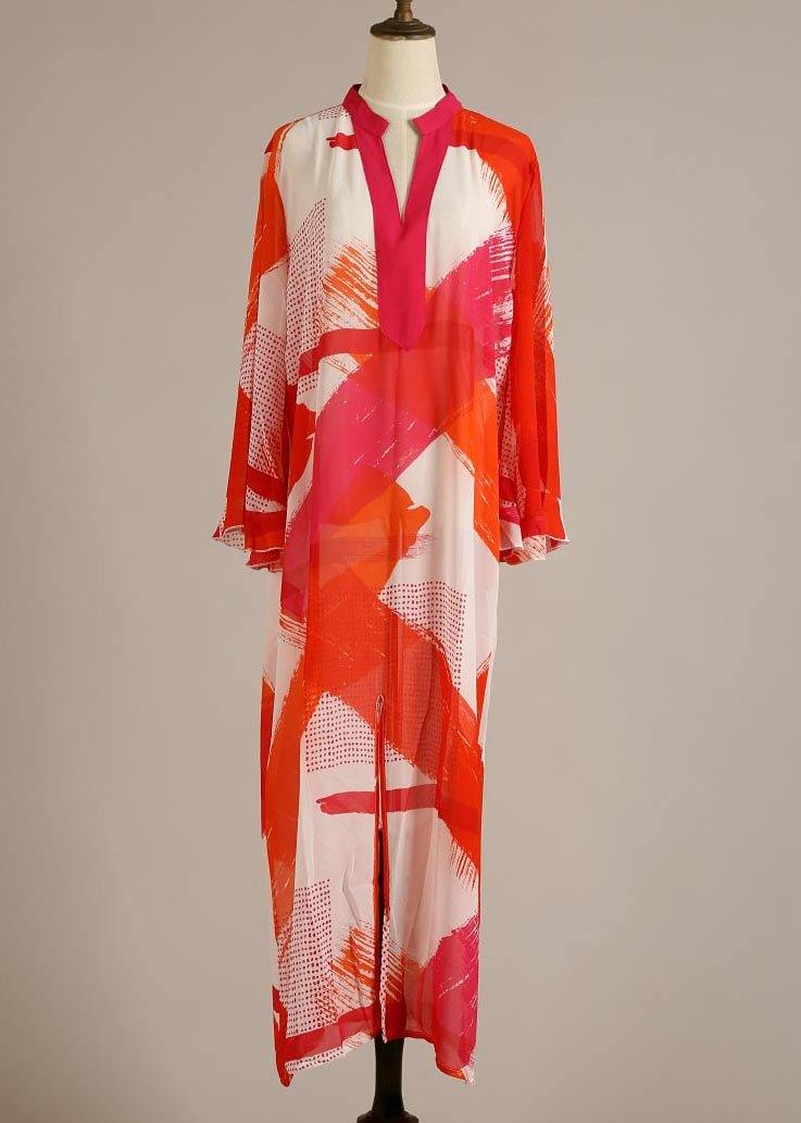 Organic Red Print Flare Sleeve Chiffon Dress Beach Gown