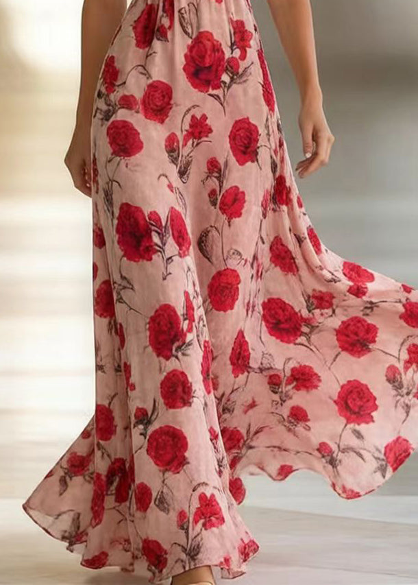 Pink Print Exra Large Hem Chiffon Vacation Dresses Summer