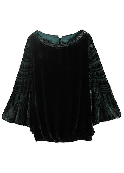 Blackish Green Zircon Patchwork Silk Velour Top Batwing Sleeve
