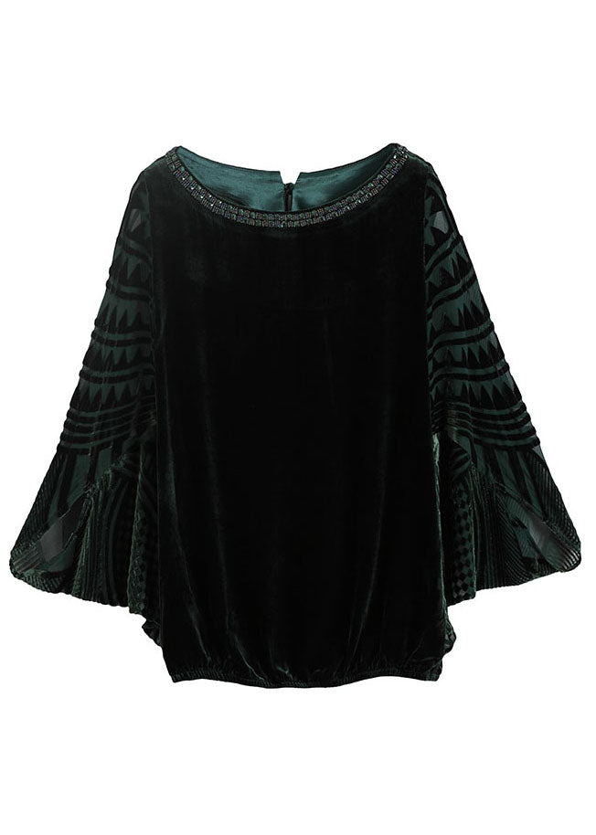 Blackish Green Zircon Patchwork Silk Velour Top Batwing Sleeve