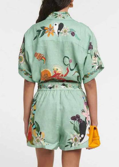 Organic Green Shirts and Shorts Patchwork Print Two Pieces Set Short Sleeve