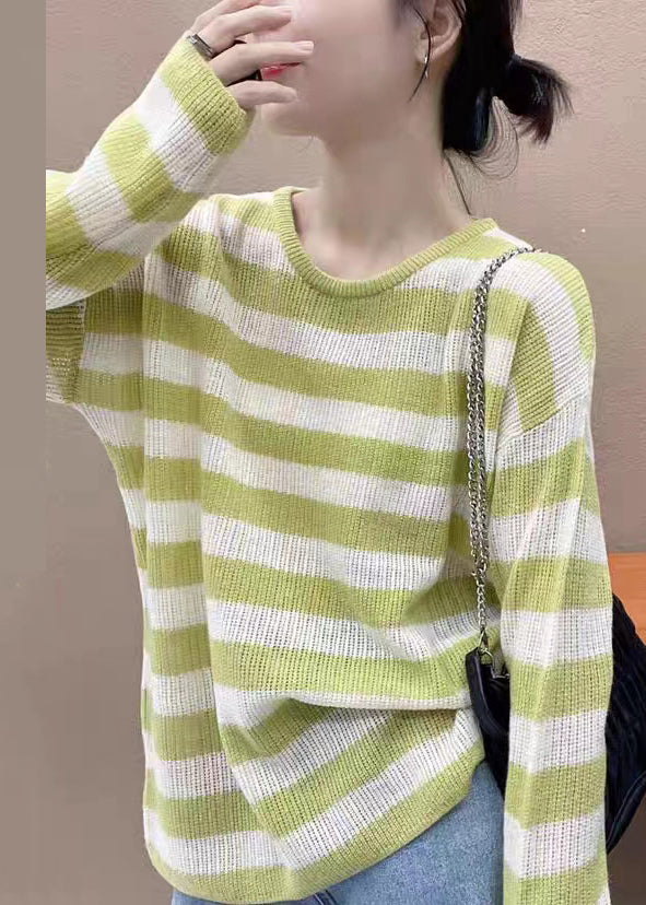 Pink Striped O Neck Cozy Knit Top Long Sleeve
