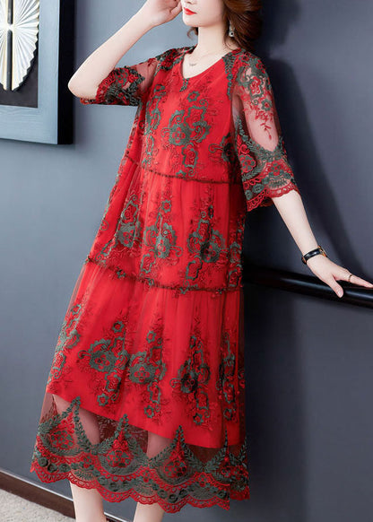 Red O-neck Embroideried Tulle Vacation Dress Half Sleeve
