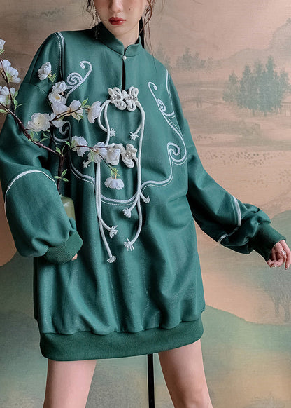 Green Stand Collar Tassel Button Sweatshirts Long Sleeve