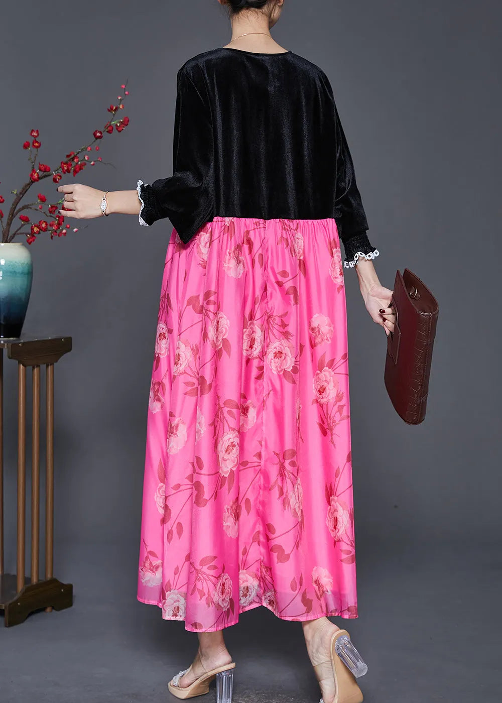 Black Oversized Patchwork Silk Velour Long Dresses Spring