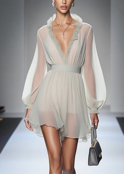 Modern Ruffled Patchwork Chiffon Mid Dress Lantern Sleeve Summer