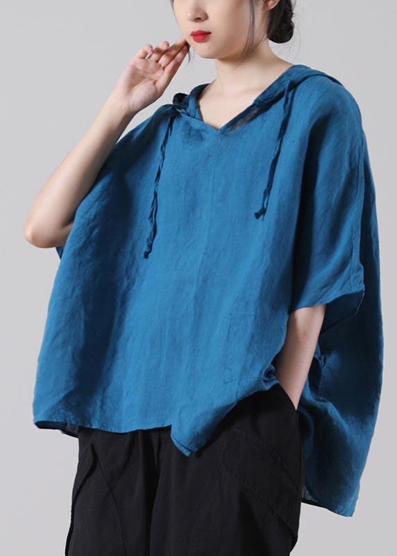 Stylish Blue Asymmetrical Design Cotton Linen Shirt Summer